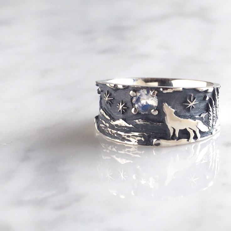 moge(モゲ) 手作りシルバーアクセサリー蒼い月への咆哮 ー狼ー シルバーリング 13mm